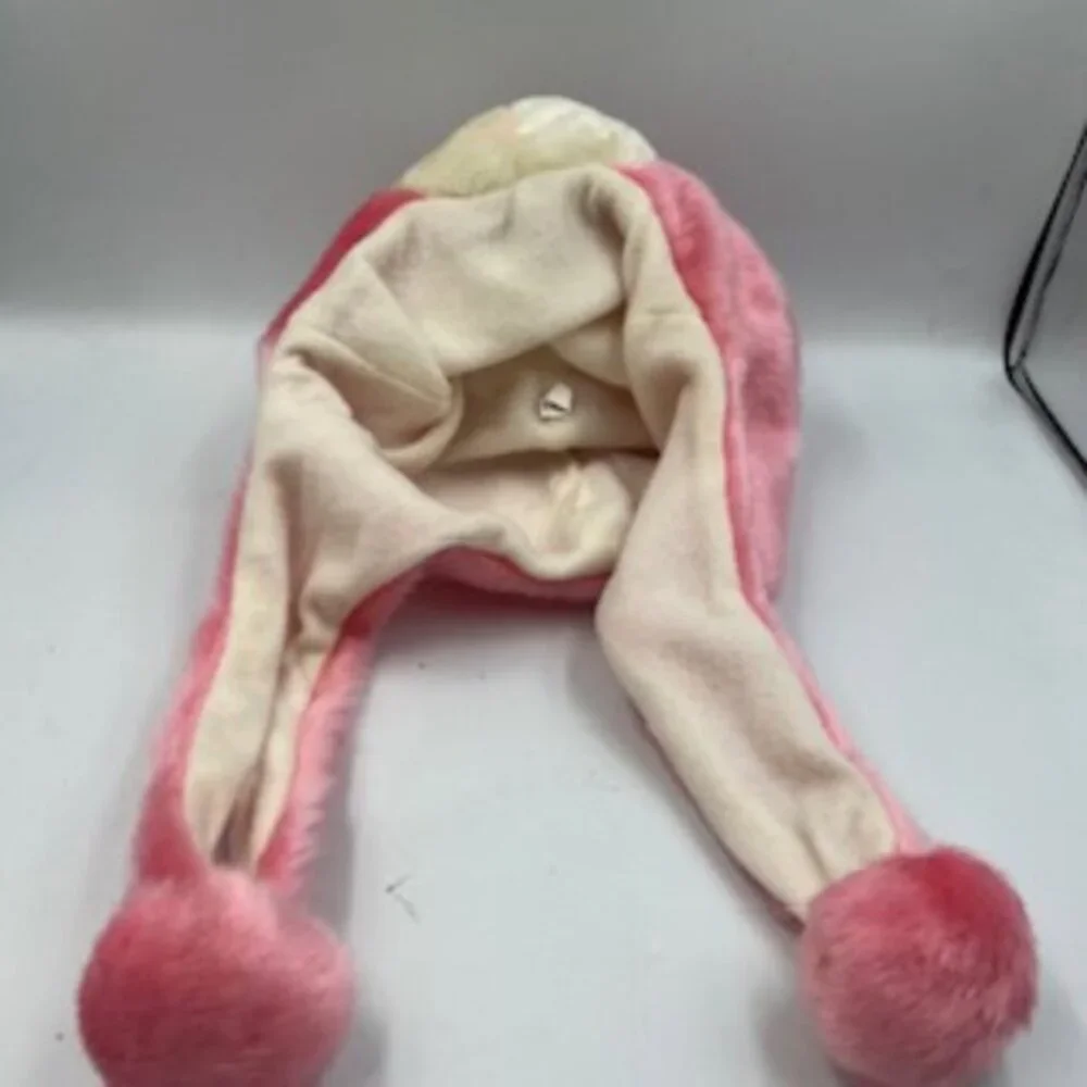Pink Girl's Hat  Plush Fuzzy Snow beanie Bunny Ears‎ Warm  Fluffy Pom Pom Tie